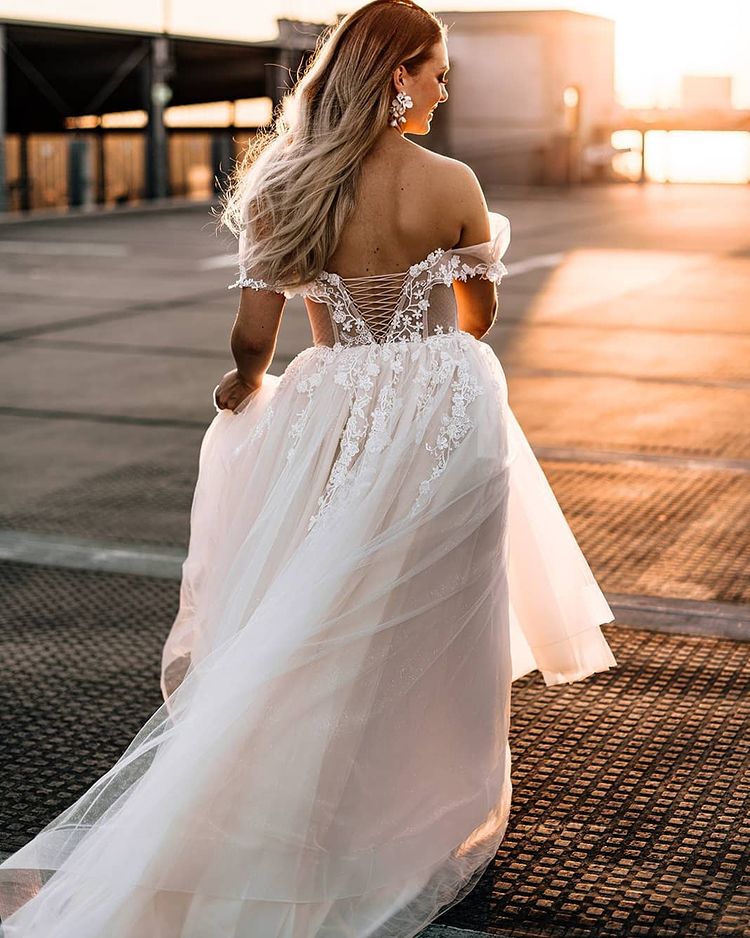 Champagne Off-the-Shoulder Beach Wedding Dress Tulle With Appliques-27dress