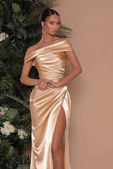 Champagne Off the Shoulder Sleeveless Prom Dress Charmeuse Split Mermaid