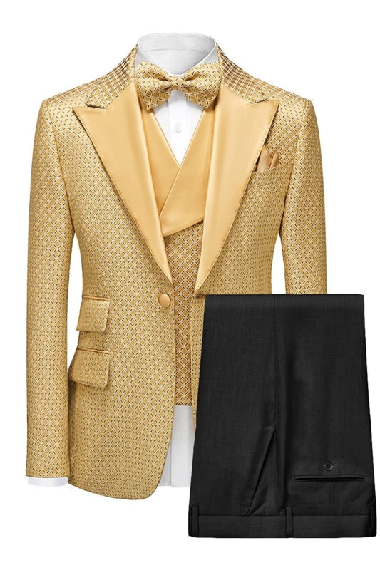 Champagne Plaid Peaked Lapel Three Pieces Men Suits For Prom
