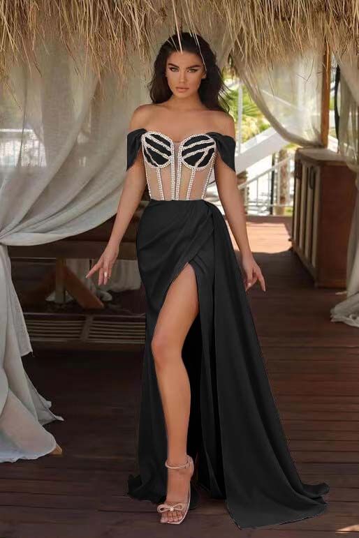 Champagne Ruffles Mermaid Prom Dress Beadings Split With Off the Shoulder