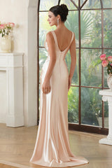 Champagne Satin V-neck Sheath Long Prom Dress with Slit-27dress