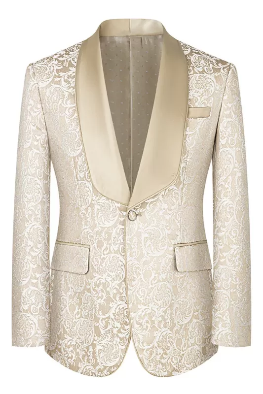 Champagne Shawl Lapel Three Pieces Jacquard Prom Suits