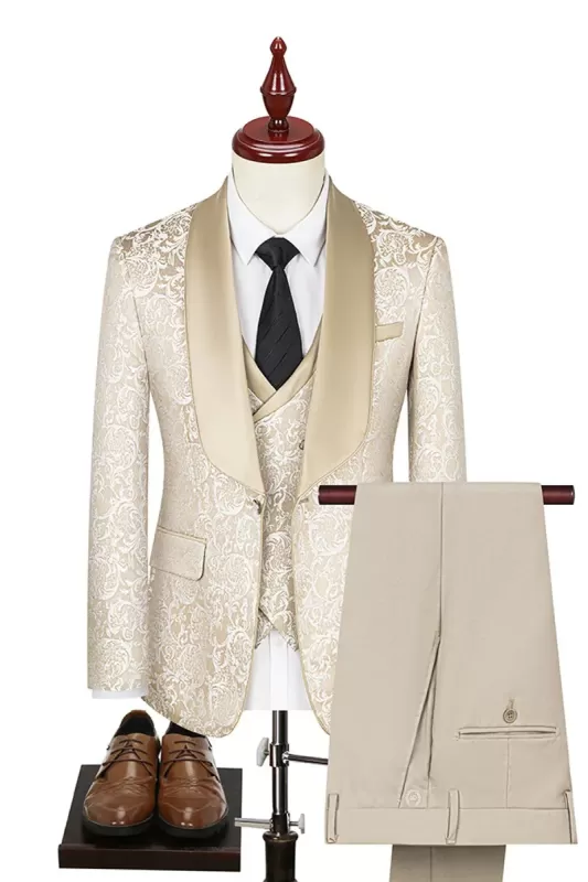 Champagne Shawl Lapel Three Pieces Jacquard Prom Suits