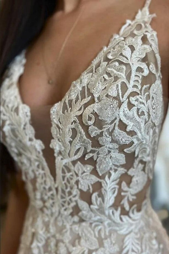 Champagne Sleeveless Wedding Dress Lace Appliques V-Neck-27dress