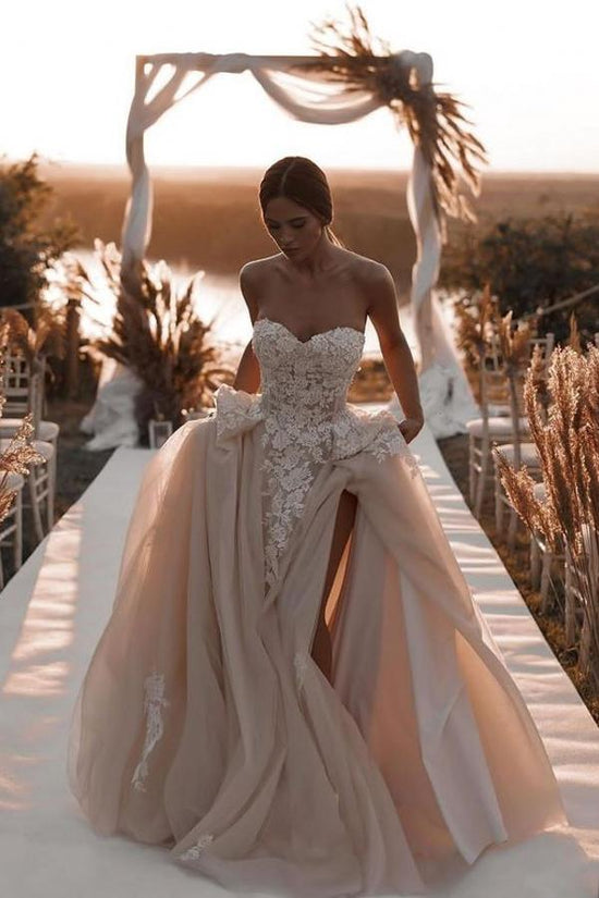 Champagne Sweetheart Tulle Wedding Dress Long With Lace Appliques-27dress
