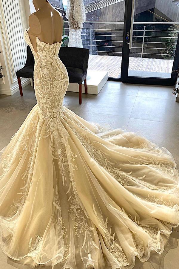 Champagne Sweetheart Wedding Dress Mermaid Lace Online-27dress