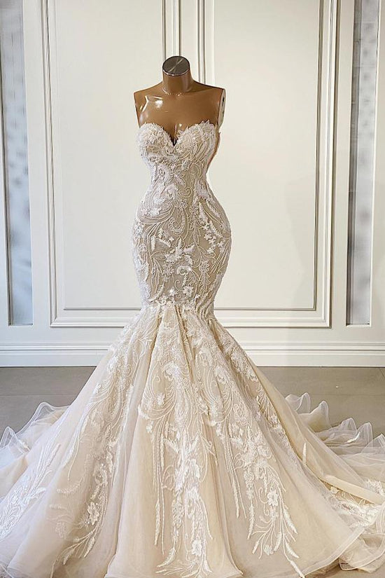 Champagne Sweetheart Wedding Dress Mermaid Lace Online-27dress