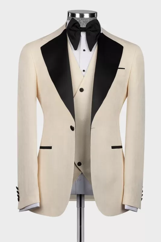 Champagne Three Pieces Prom Suits With Black Lapel