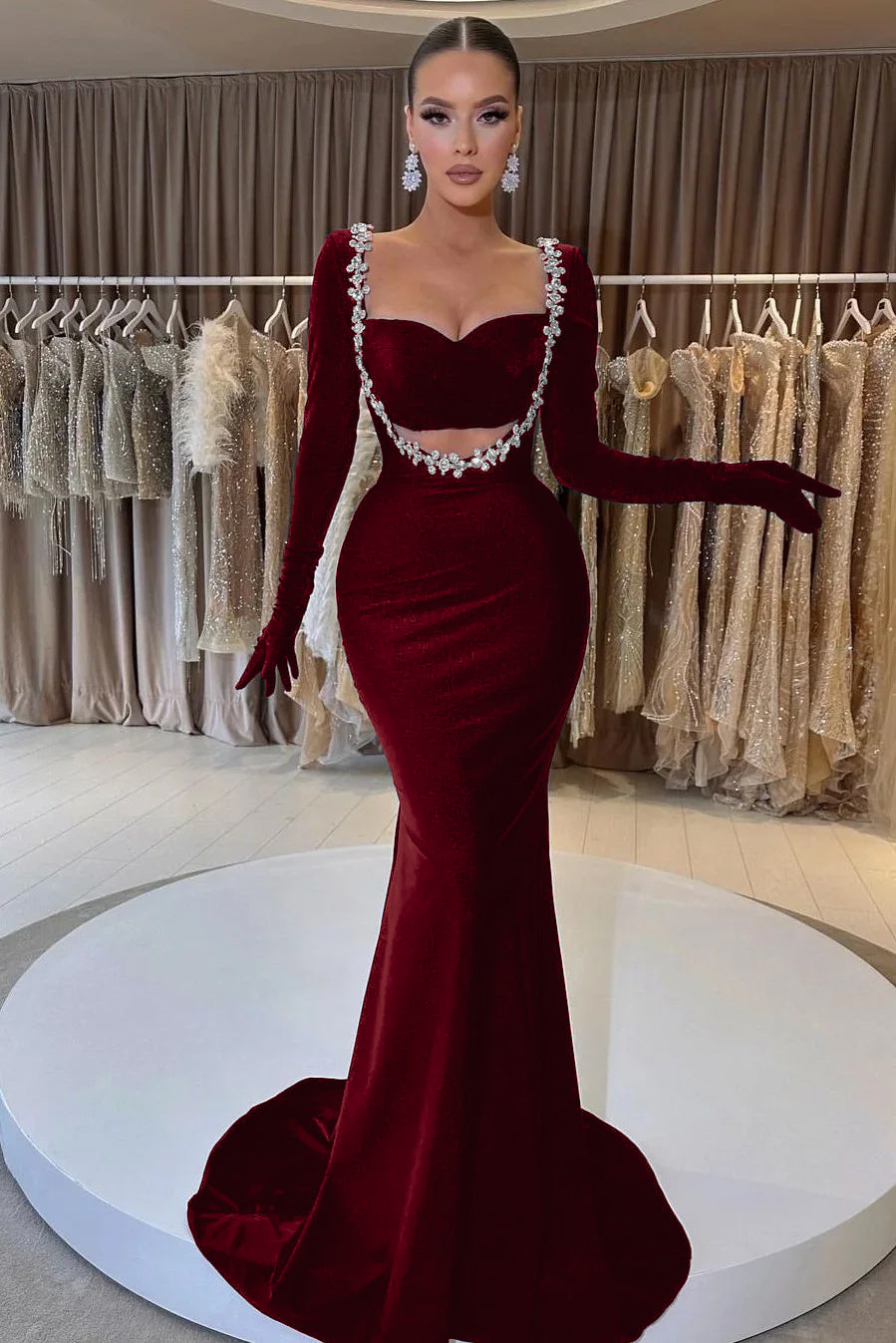 Charming Black Velvet Long Sleeve Beaded Long Mermaid Prom Dress With Gloves