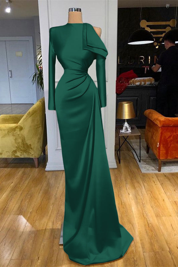 Charming High Neck Champagne Prom Dress Mermaid Long Sleeves With Pleated