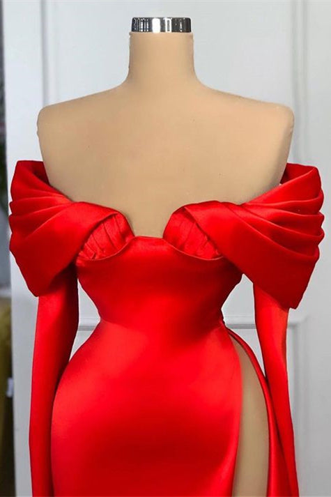 Charming Long Sleeves Red High Split Prom Dress Off the Shoulder Mermaid