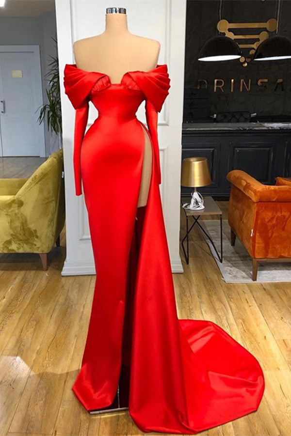 Charming Long Sleeves Red High Split Prom Dress Off the Shoulder Mermaid