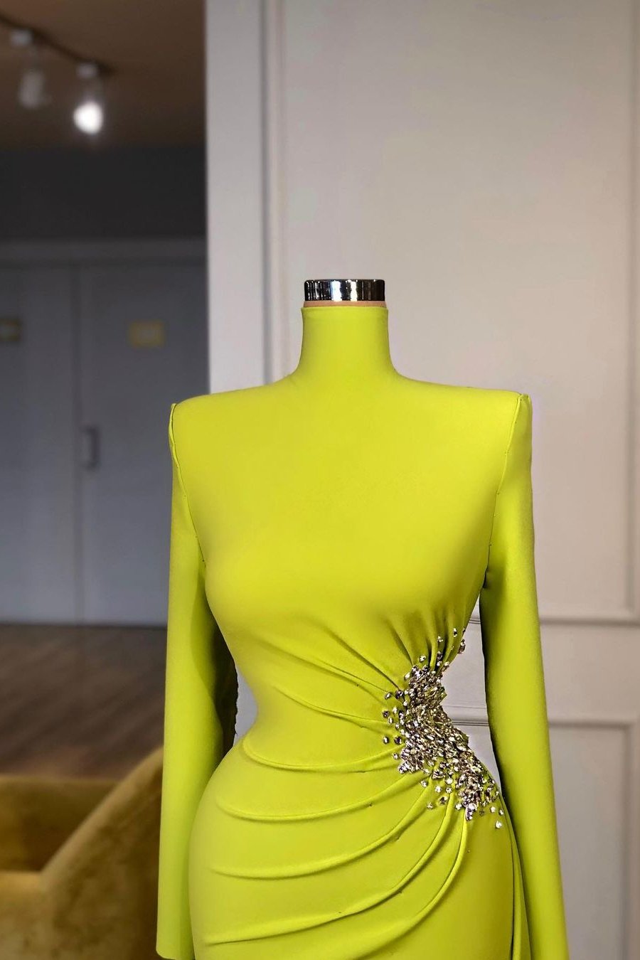 Charming Mermaid Long Sleeves Pleated Evening Dress High Neck With Beadings