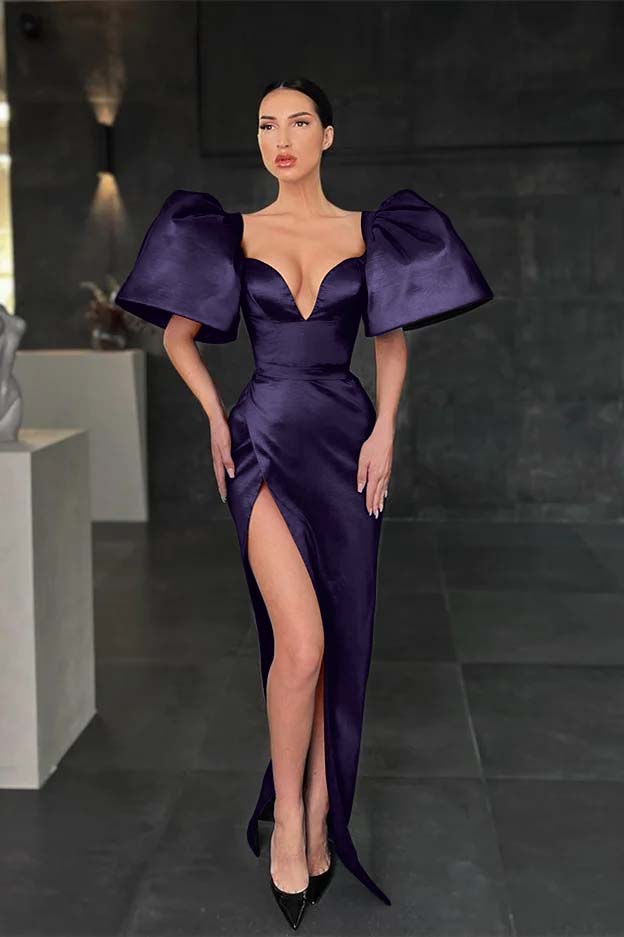 Charming Mermaid Royal Blue V Neck Pleated Long Prom Dress With High Split