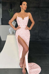 Charming Mermaid Spaghetti Strap Sleeveless Sequins Prom Dress High Split