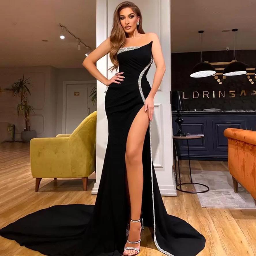 Charming Mermaid Strapless Sleeveless Sequins Black Prom Dress With Split