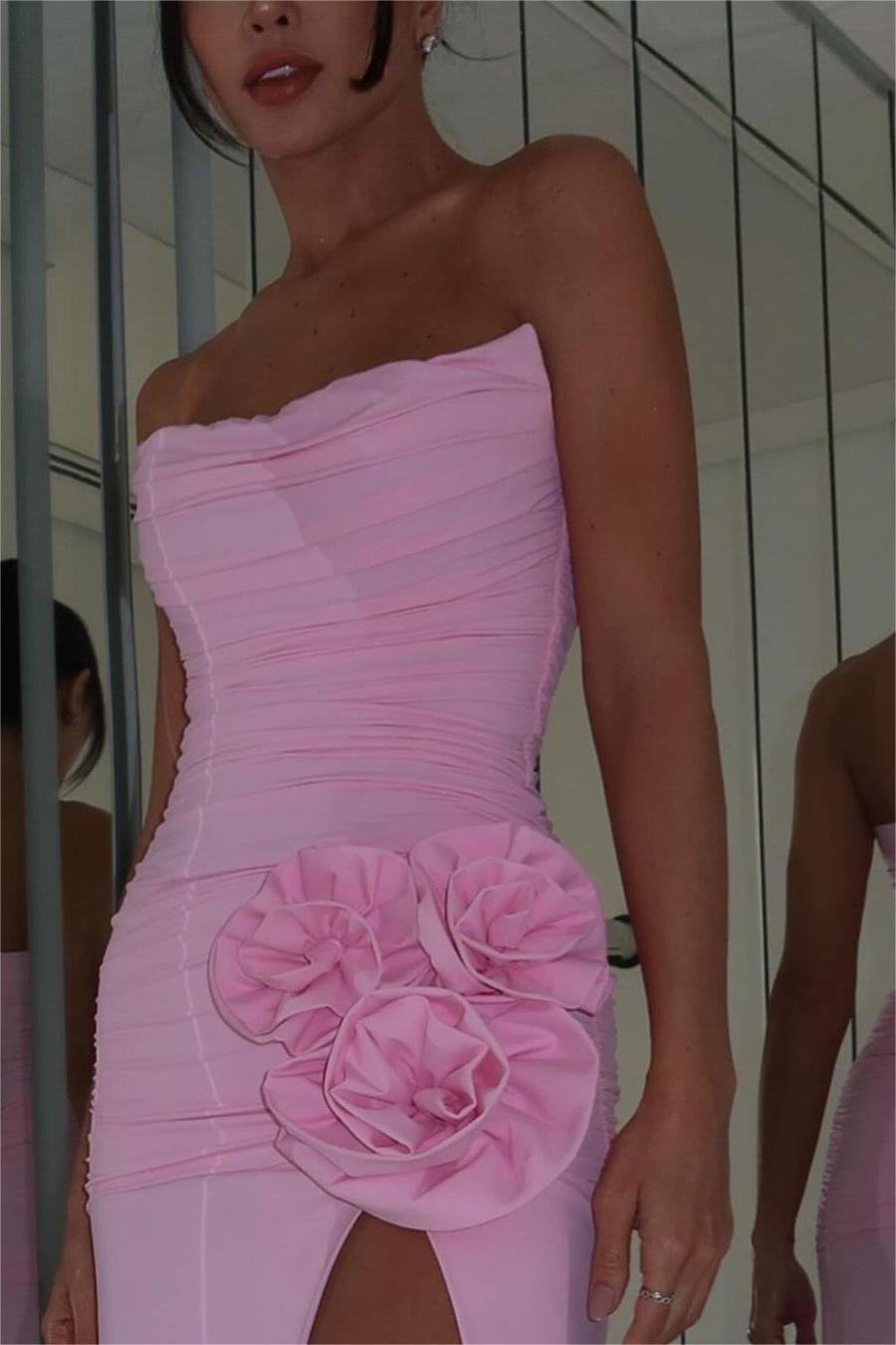 Charming Pink Strapless Sleeveless Pleated Long Prom Dress With High Split