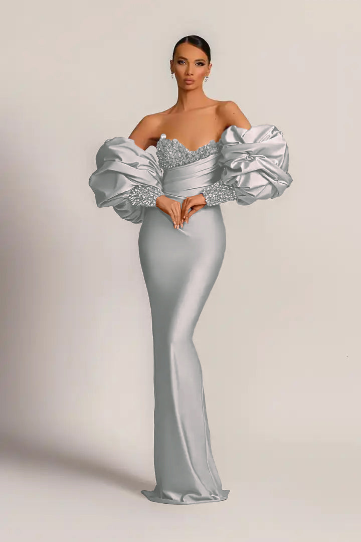 Charming Purple Strapless Mermaid Long Prom Dress With Appliques Puff Sleeves