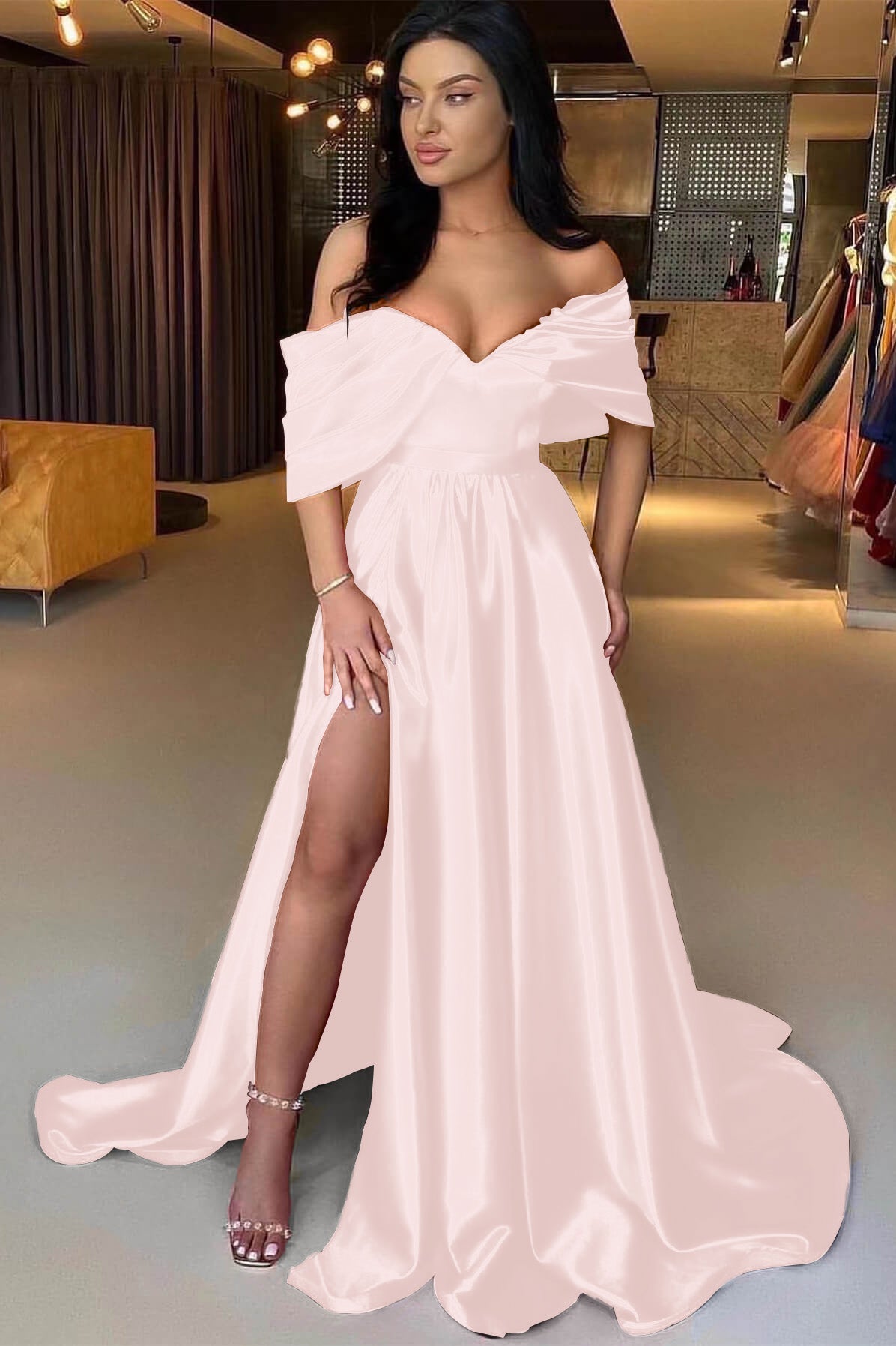 Charming Red A Line Off the Shoulder Strapless Long Prom Dress With Split
