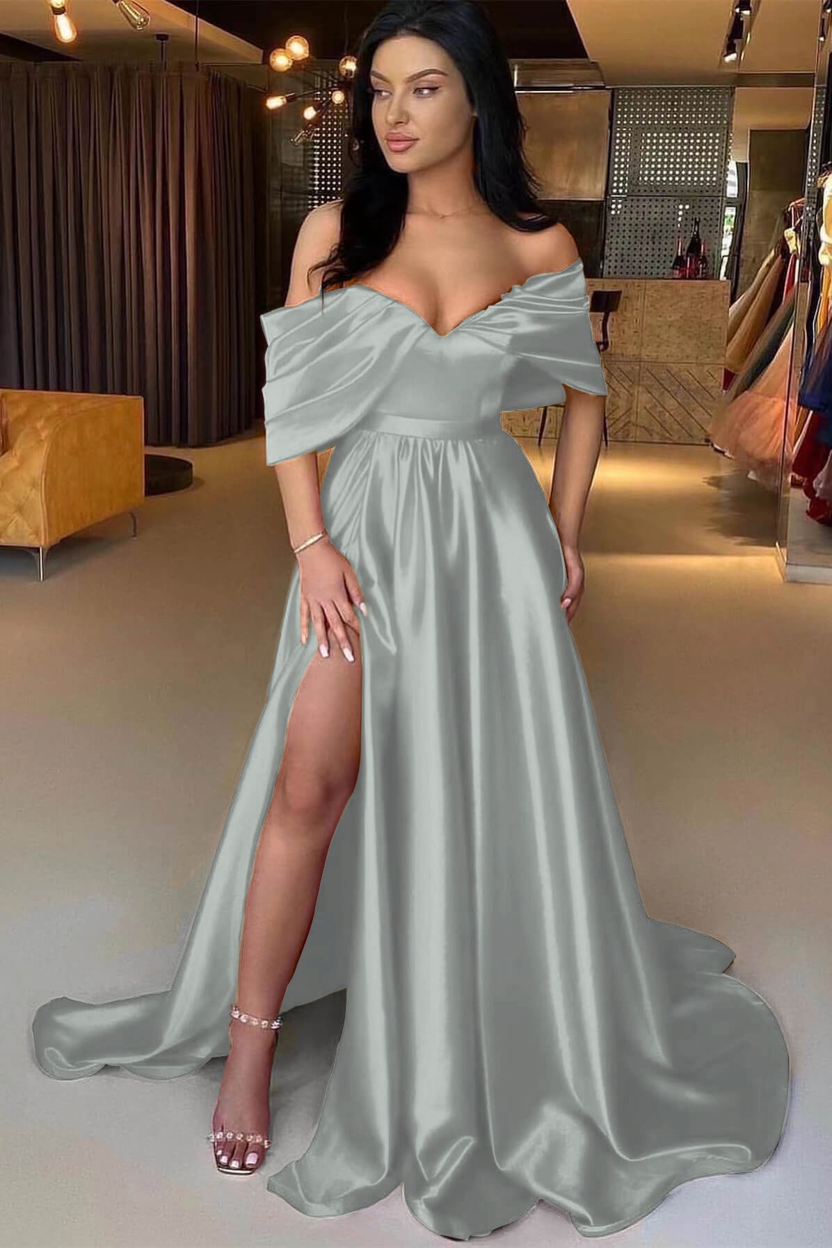 Charming Red A Line Off the Shoulder Strapless Long Prom Dress With Split