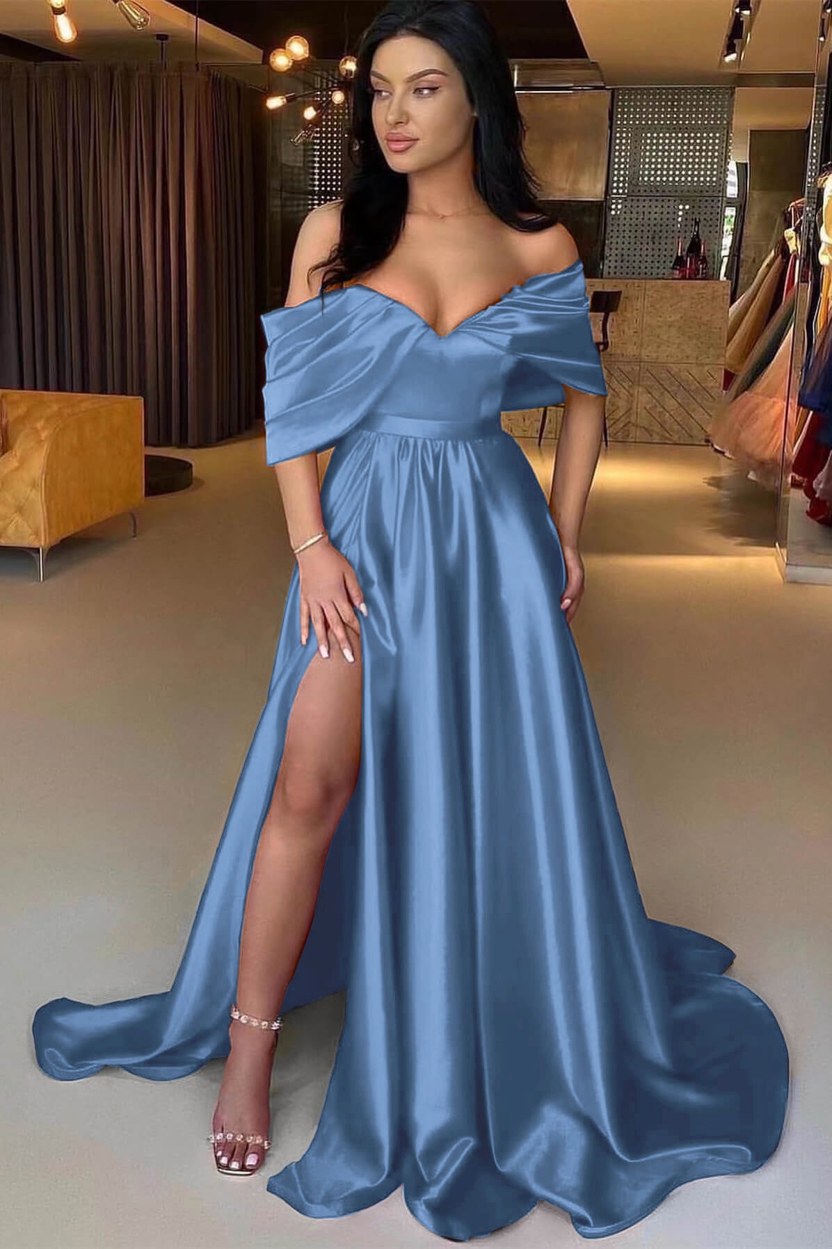 Charming Red A Line Off the Shoulder Strapless Long Prom Dress With Split