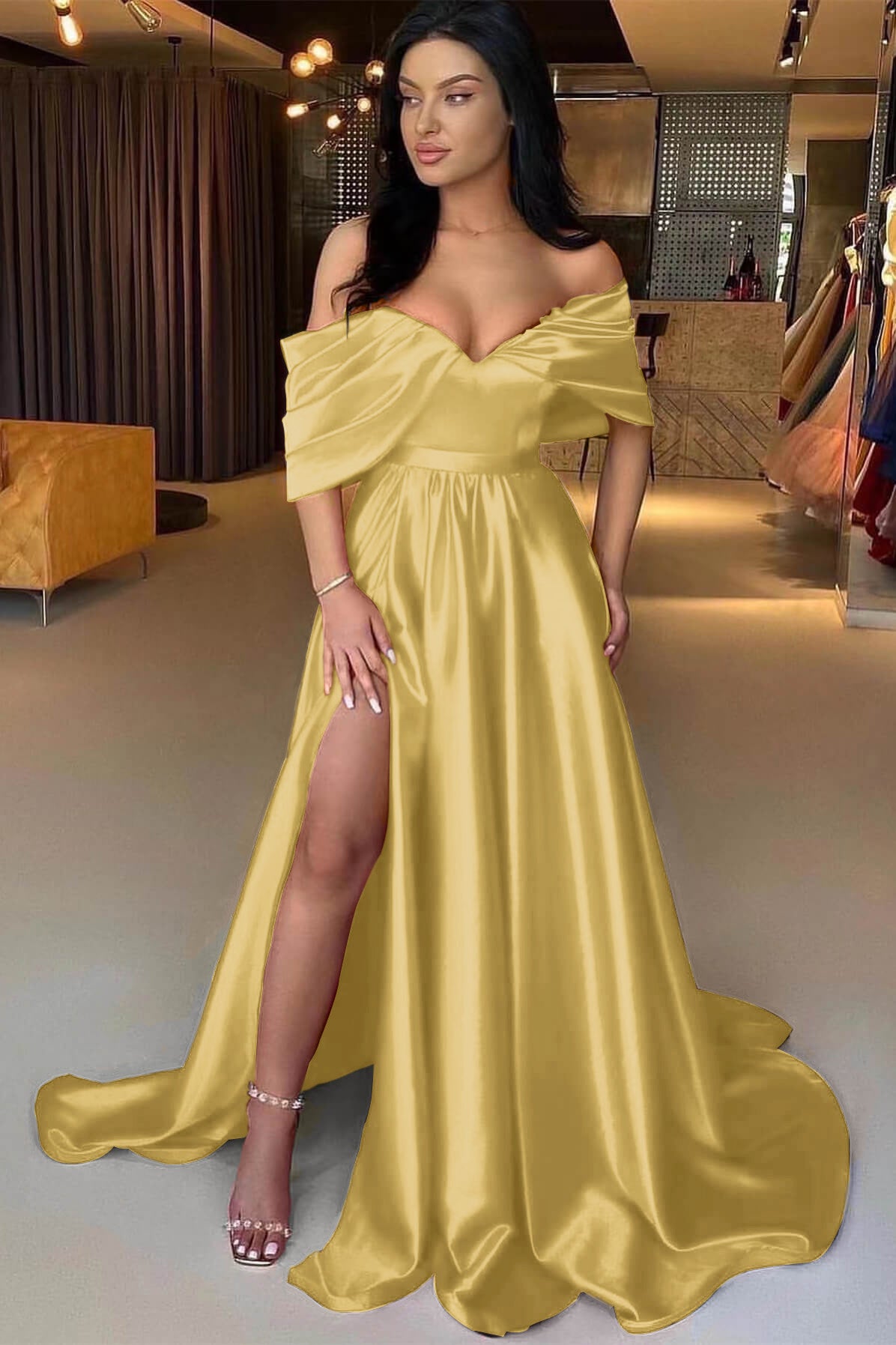 Charming Red A Line Off the Shoulder Strapless Long Prom Dress With Split