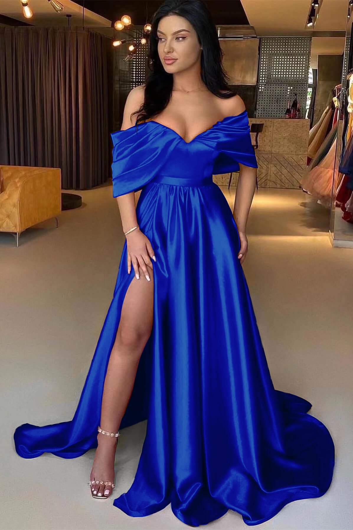Charming Red A Line Off the Shoulder Strapless Long Prom Dress With Split