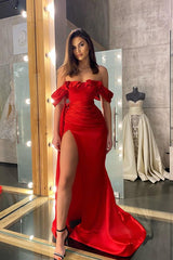 Charming Red Pleated Mermaid Split Prom Dress Off the Shoulder With Ruffles