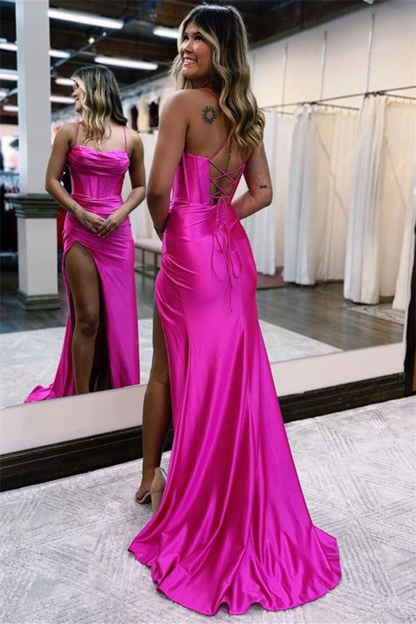Charming Red Spaghetti Strap Sleeveless Mermaid Pleated Long Prom Dress with Split
