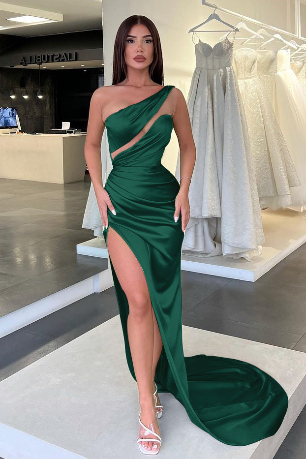 Charming Light Green One Shoulder Sleeveless Split Evening Dress With Pleated