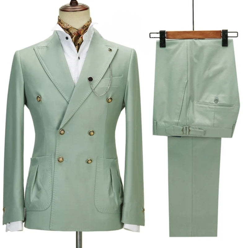 Charming Sage Peaked Lapel Double Breasted Prom Suits