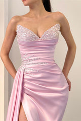 Charming Sequins Strapless Sleeveless Pleated Mermaid Long Prom Dress With Split