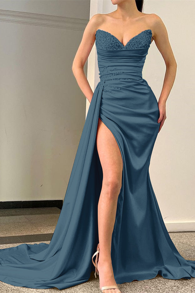 Charming Sequins Strapless Sleeveless Pleated Mermaid Long Prom Dress With Split
