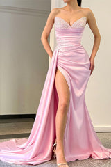 Charming Sequins Strapless Sleeveless Pleated Mermaid Long Prom Dress With Split