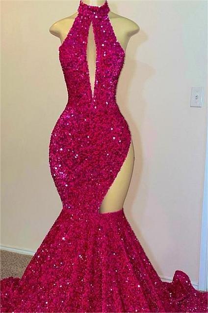 Charming Sleeveless Fuchsia High Neck Mermaid Long Prom Dress With Sequins
