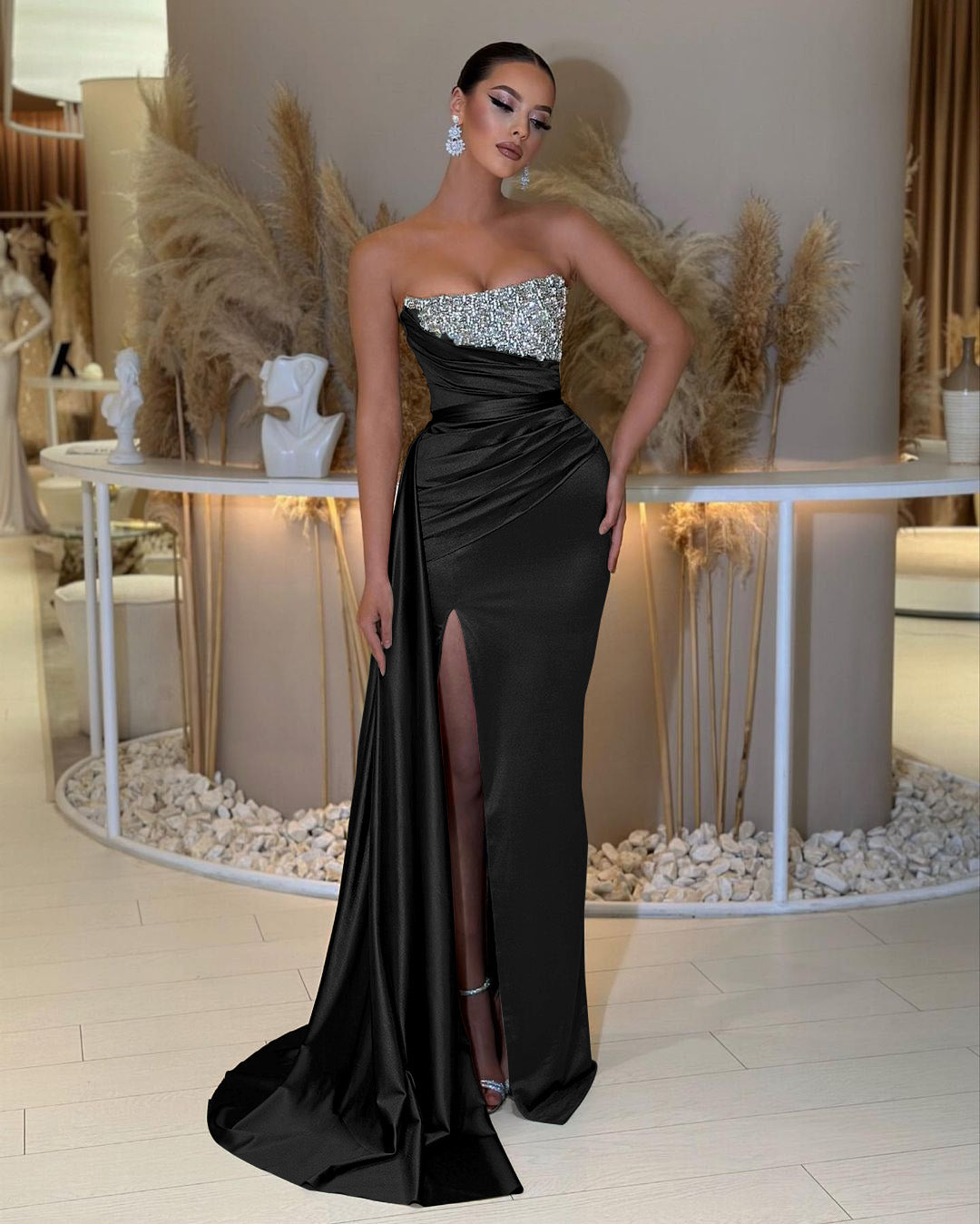 Charming Strapless Sleeveless Beading Sleeveless Split Prom Dress with Ruffles