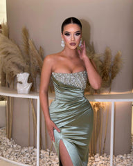 Charming Strapless Sleeveless Beading Sleeveless Split Prom Dress with Ruffles