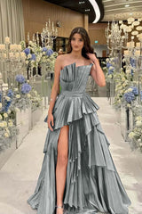 Charming Strapless Sleeveless Long Split Prom Dress With Pleated