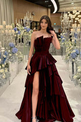 Charming Strapless Sleeveless Long Split Prom Dress With Pleated