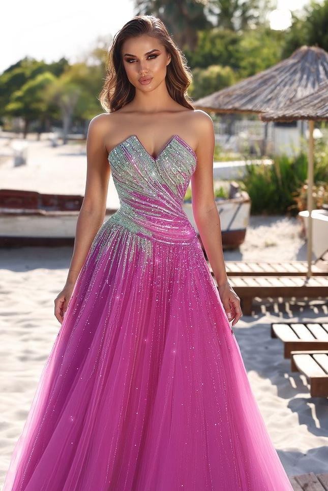 Charming Tulle Strapless Sleeveless Mermaid Long Prom Dress With Sequins