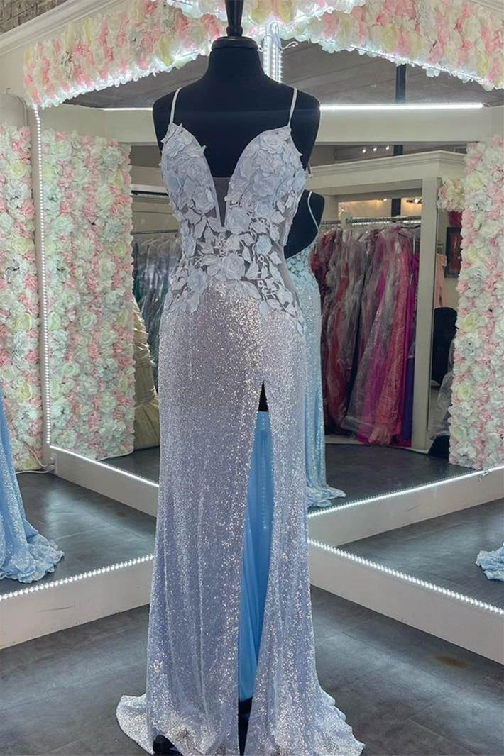 Charming V Neck Spaghetti Strap Sleeveless Prom Dress Split With Appliques