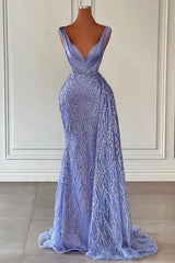 Charming Violet V Neck Mermaid  Prom Dress With Beadings Sequins