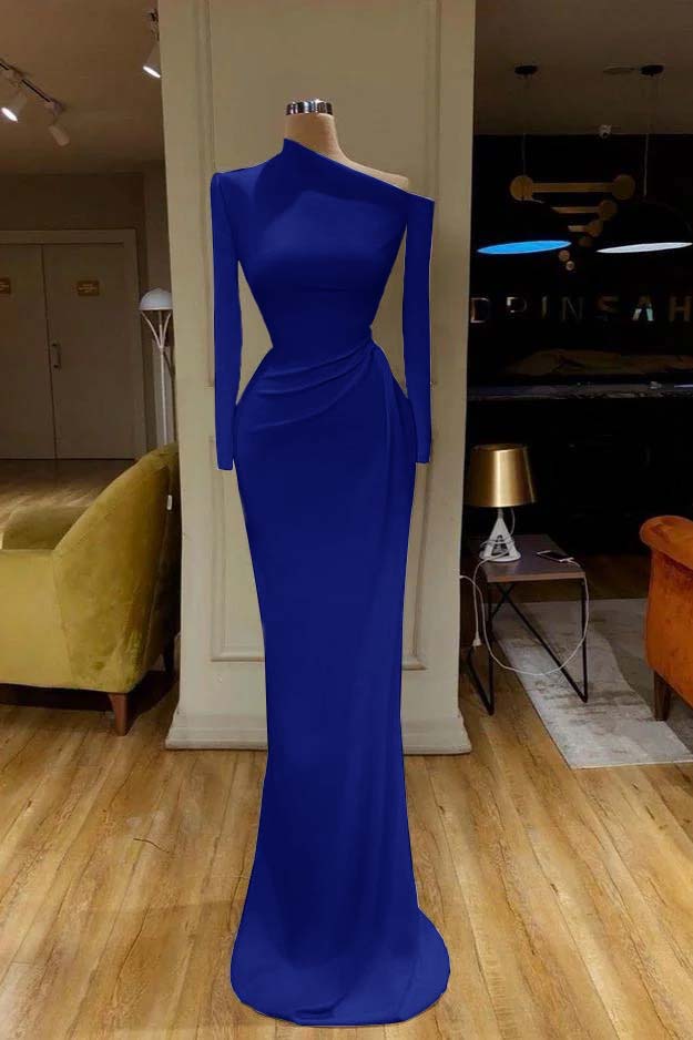Charming White One Shoulder Mermaid Long Sleeves Prom Dress With Pleated