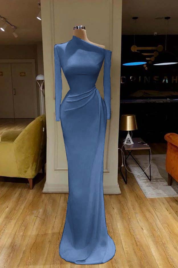 Charming White One Shoulder Mermaid Long Sleeves Prom Dress With Pleated
