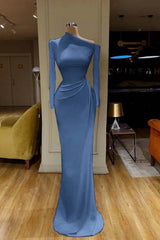 Charming White One Shoulder Mermaid Long Sleeves Prom Dress With Pleated