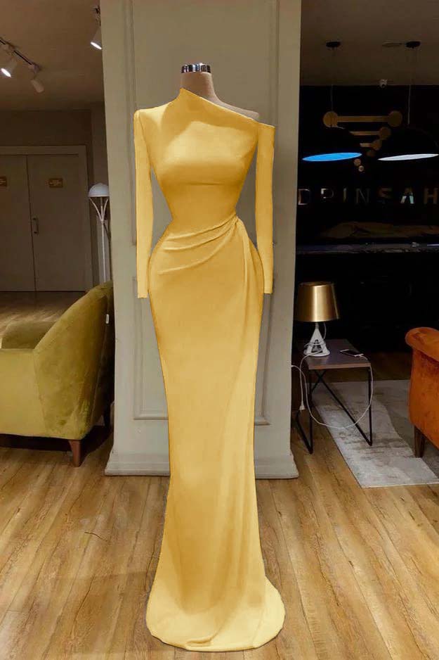 Charming White One Shoulder Mermaid Long Sleeves Prom Dress With Pleated