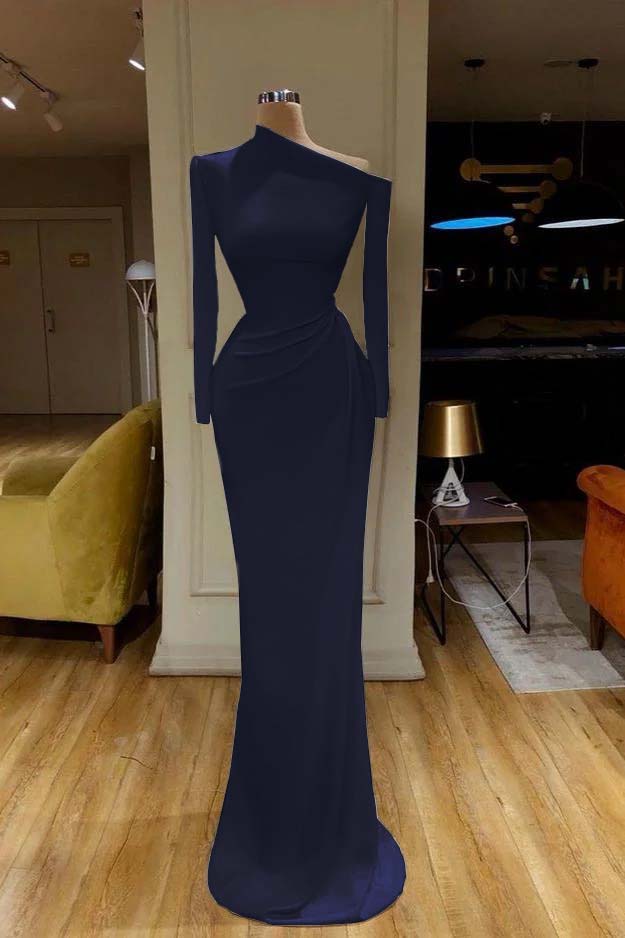 Charming White One Shoulder Mermaid Long Sleeves Prom Dress With Pleated