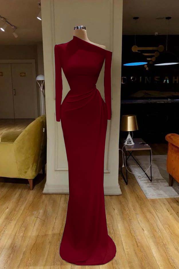 Charming White One Shoulder Mermaid Long Sleeves Prom Dress With Pleated