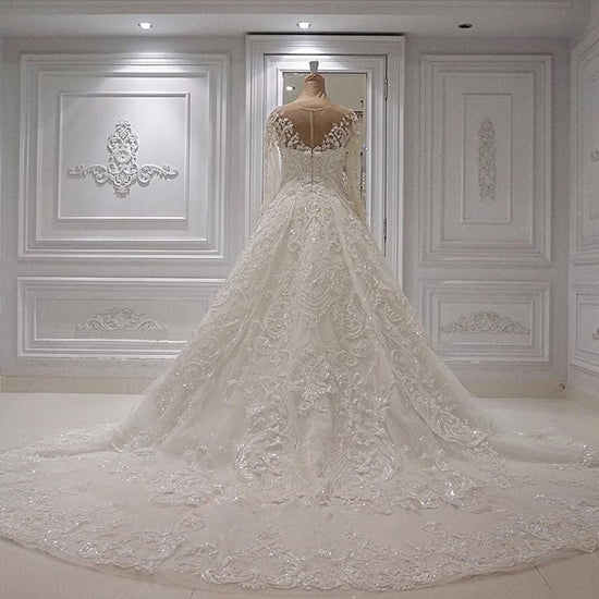 Load image into Gallery viewer, Chic A-line Jewel Longsleeves Wedding Dresses With Appliques Ivory Tulle Ruffles Bridal Gowns On Sale-27dress

