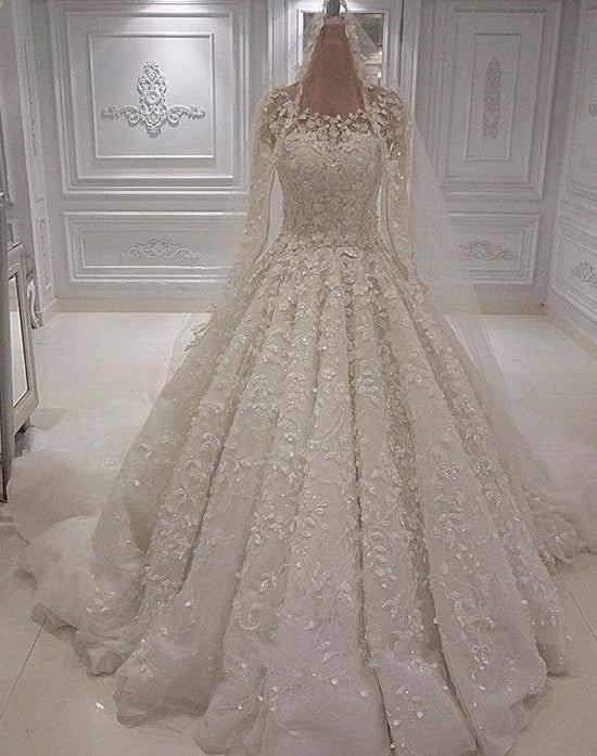 Load image into Gallery viewer, Chic A-line Jewel Longsleeves Wedding Dresses With Appliques Ivory Tulle Ruffles Bridal Gowns On Sale-27dress
